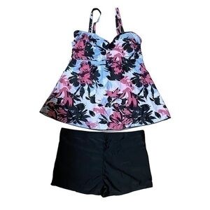 Flounce Floral Printed Two Pice Tankini with Boy Shorts - Size XXL